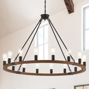 Wood Wagon Wheel Chandelier Farmhouse 16-Light 43.3 Brown, Black Metal Pendant Chandeliers Wooden Vintage Rustic Light Fixtures Industrial for High Ceiling Living Dining Room Foyer Villa