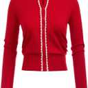Women's Cardigan Sweater Color Block Long Sleeve Crew Neck Knit Cardigan Trendy Cropped Cardigan Shrug (Large, Red)