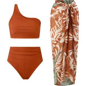 3 Piece Swimsuits for Women High Waisted Bikini Sets Retro Swimsuit with Cover up Beach Wrap Skirt (Orange, M)