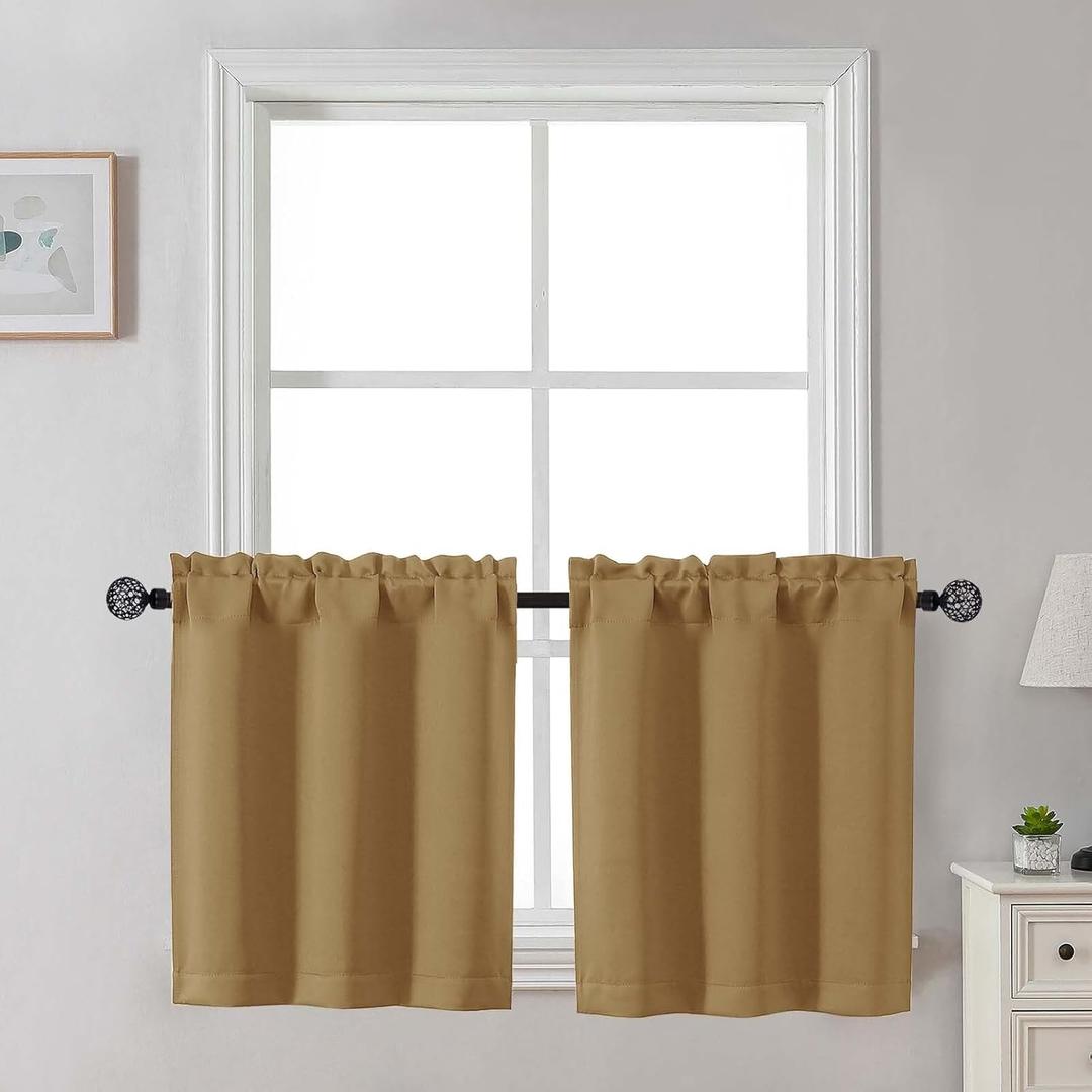 Gwine 24 Inch Length Kitchen Curtains Sets, Light Filtering Half Window Short Curtain Tiers for Bathroom Basement Cabinet Camper Small Windows, 2 PCS, Each 30" Wx24 L, Gold