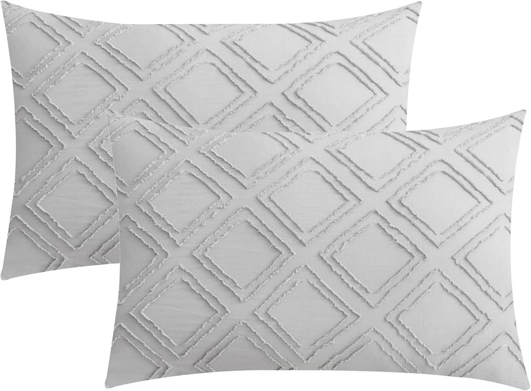 JELLYMONI Pillowcases Standard Size Light Grey 2 Pack Boho Plaid Bed Pillow Covers 20x26in Polyester Envelope Pillow Shams Tufted Bohemian Textured (Pillows are not Included)