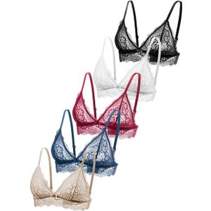 Lace Bralettes for Women No Underwire Sexy Triangle See Thru V Neck Unpadded Bra (Pack of 5 (Black+white+red+blue+nude)), Size XL