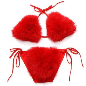 ZOSCGJMY Women's Faux Fur Halter String Triangle Bikini Sets Two Piece Swimsuits (Red)