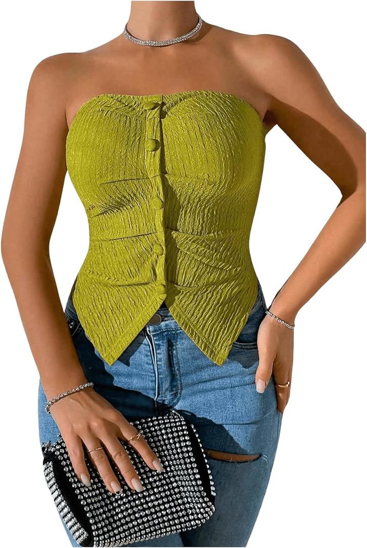 Milumia Women's Strapless Button Front Tube Top Split Hem Going Out Bandeau Tops (Green, M)