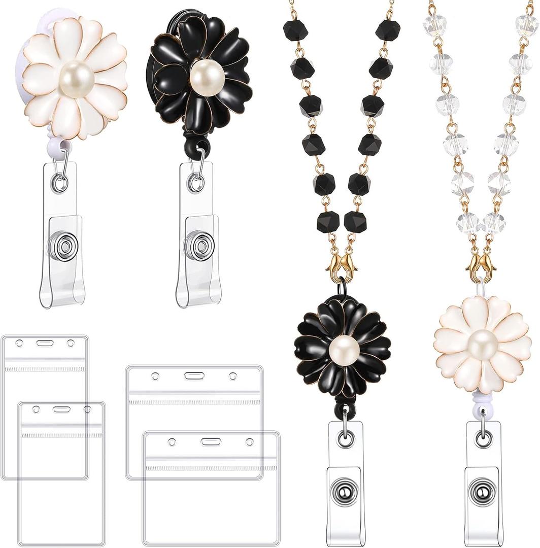 2 Set Beaded Badge Lanyard with ID Holders for Christmas Gift Badge Reels Retractable Necklace Lanyards for Nurses and Teacher Pearl Name Holder with Pearl for Girl Women(Flower)