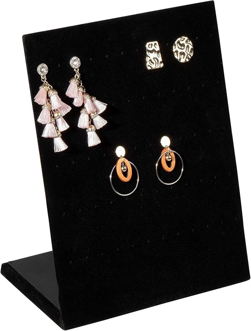 Jewelry Organizer Stand - Black Velvet L-Shape, 9.9 x 7.9 x 4 in - 60 Pre-Punched Holes Earring Display & Jewelry Storage Organizer - Tabletop Rack for Stud & Dangle Earrings
