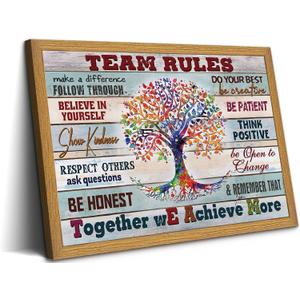 Framed Team Rules Canvas Wall Art Inspirational Positive Teamwork Wall Decor Picture Tree of Life Motivational Quote Sign Posters Painting Print for Office Classroom Home Decoration