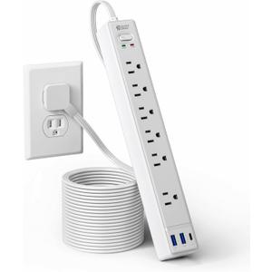 10Ft Extension Cord with Multiple Outlets, SUPERDANNY Flat Plug Surge Protector Power Strip 10 Ft Long Cord, 6 Outlets & 3 USB Ports, Charging Station for Home Office, College Dorm Room Essentials (White)