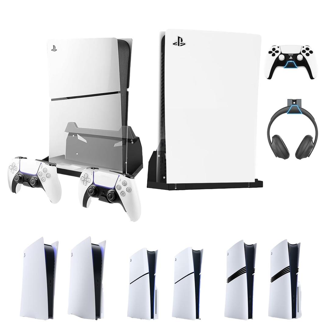 BracNova Wall Mount for All PS5 Models, Including Slim Pro & Original -Steel PS5 Wall Stand Kit with 2 Removable Controller Holder & Backrest-Mounts PlayStation 5 on a Wall by Your TV - Black