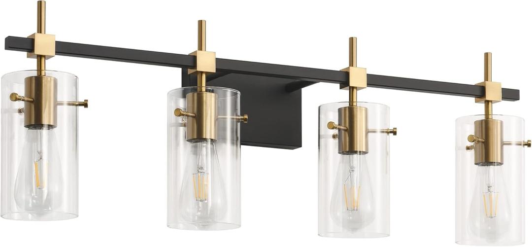 SOLFART Farmhouse Brass Bathroom Vanity Lights fixtures Over Mirror Vintage Bathroom Lighting Wall Sconce with Glass Shade 4 Lights (Black& Golden)