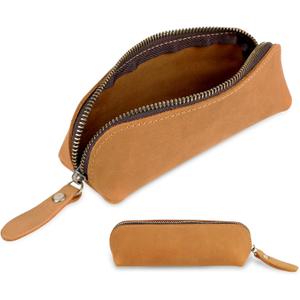 Genuine Leather Pencil Case, Leather Pencil Pouch Large Capacity, Big Pencil Pouch with Zipper Vintage Pen Bag Fountain Pen Holder for Men Women Businessmen Artists Home Office(Brown)