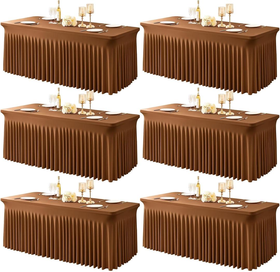 6 Packs Brown Spandex Tableclothes for 8 Foot Rectangle Tables, Wrinkle Free 8ft Fitted Table Cover Stretch Table Cloth Desk Skirt for Weddings Baby Shower Birthday Party Banquet Decorations