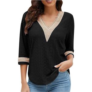 Vidifid Women 3/4 Sleeve Tunic Tops Casual Lace Trim V Neck Eyelet Dressy Ladies Blouses Summer Spring T Shirts(Black,XL)