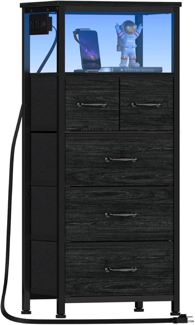 Furnulem Dresser for Bedroom, Tall Nightstand, Vertical Chest with Wood Top, Charging Station, LED Lights, 5 Fabric Bins, Bedside Table with Shelf, Furniture for Entryway (5 Drawer, Black Oak)