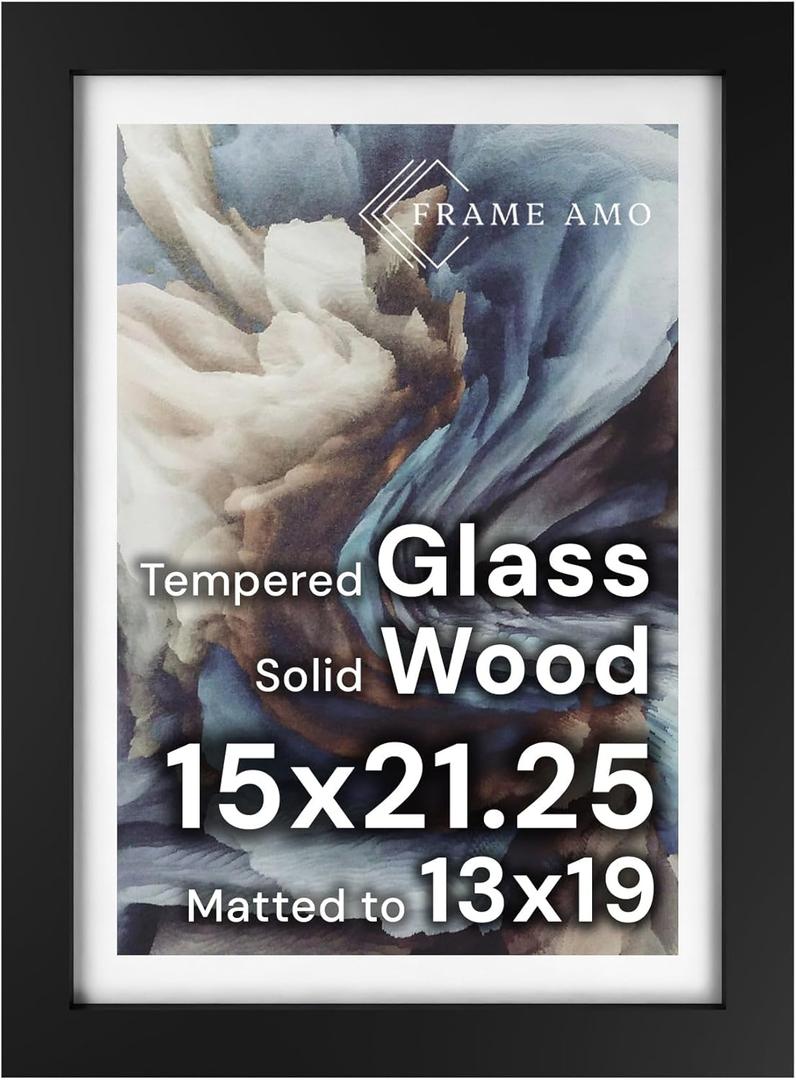 Frame Amo 15x21.25 Black Solid Wood Puzzle Frame, White Mat for 13x19 Image, Tempered Glass Front, 1.5 inch Wide, 1 inch Thick, High-End, Heavy-Duty, Gallery Grade & Acid-Free