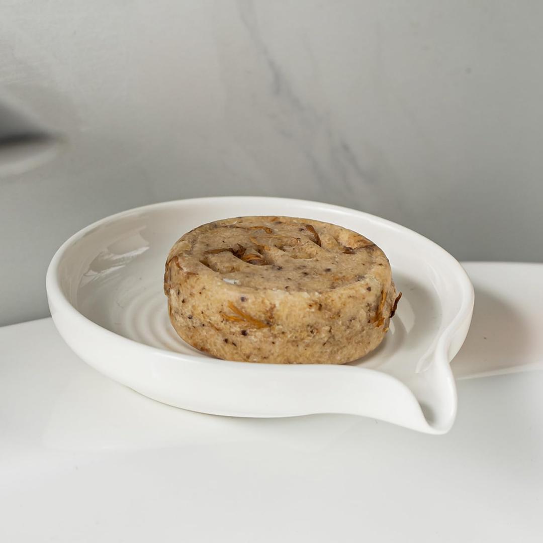 Self Draining Soap Dish, Ceramic Drain Soap Holder Waterfall Design Soap Saver for Shower, Bathroom, Sink, Kitchen and Countertop, Keeps Dry, White (Round)