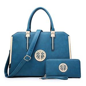 Dasein Women Large Handbag Purse Vegan Leather Satchel Work Bag Shoulder Tote with Matching Wallet (Blue)