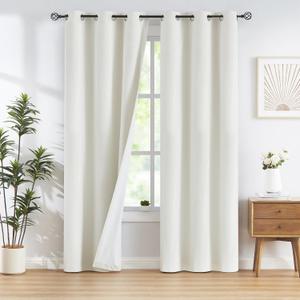 FMFUNCTEX 100% White Blackout Curtains for Bedroom, Cream Weave Textured Curtains 84 Inches Long Thermal Insulated Curtains for Living Room, Farmhouse Drapes Grommet Room Darkening 2 Panels
