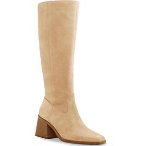 Coutgo Women's Knee High Boots Wide Calf Square Toe Chunky Heeled Pull-on Boot (11)