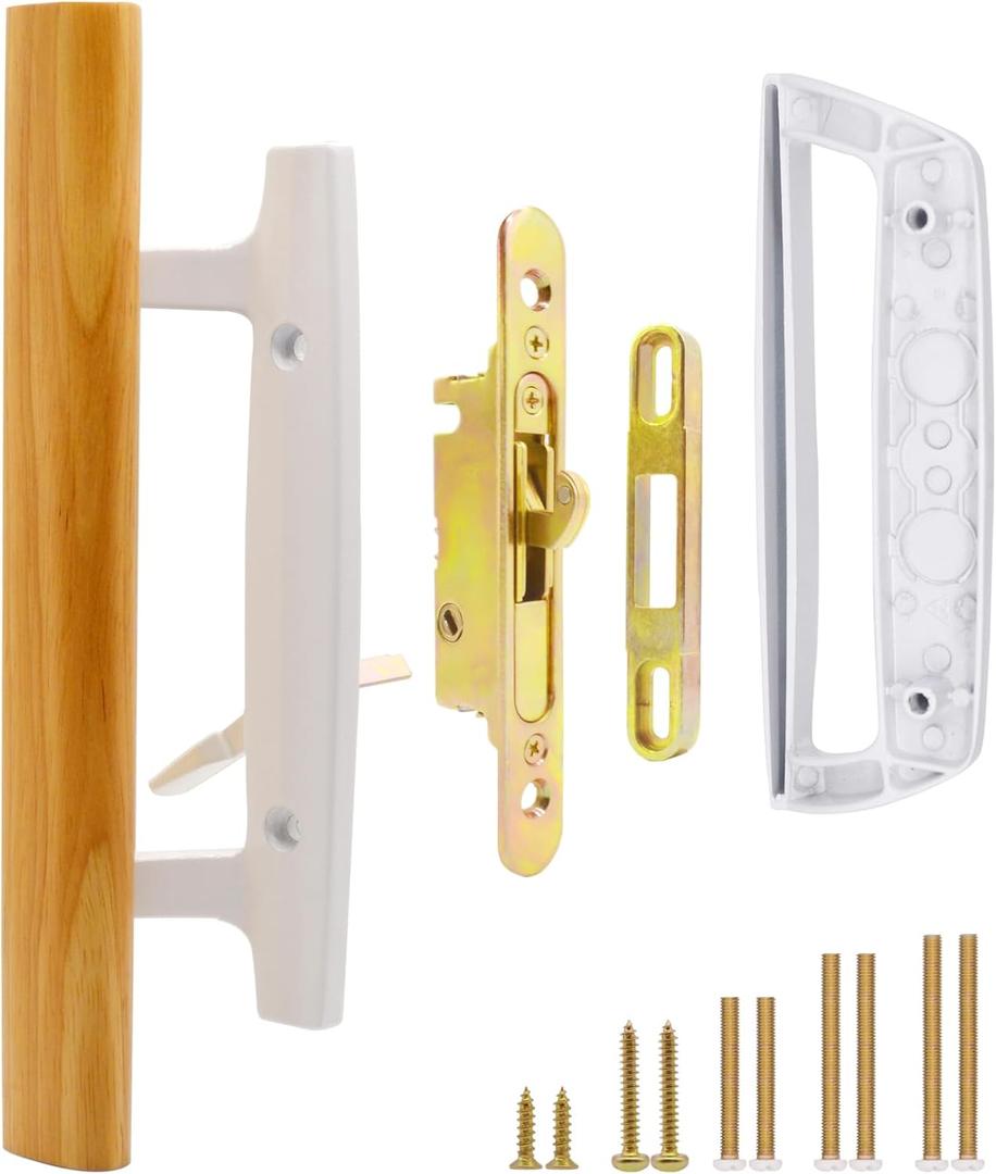 Patio Sliding Glass Door Handle with Mortise Lock 45 Keyway, Non-keyed Oak Wood Inside Handles and Zinc Diecast Outside Pull, 3-15/16" H.C., Non-Handed, White