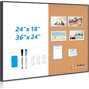 White Board Cork Board Combo, 24" x 18" Magnetic Dry Erase Board & Corkboard for Wall, Bulletin Board Vision Board for Home Office School, Black Aluminum Frame