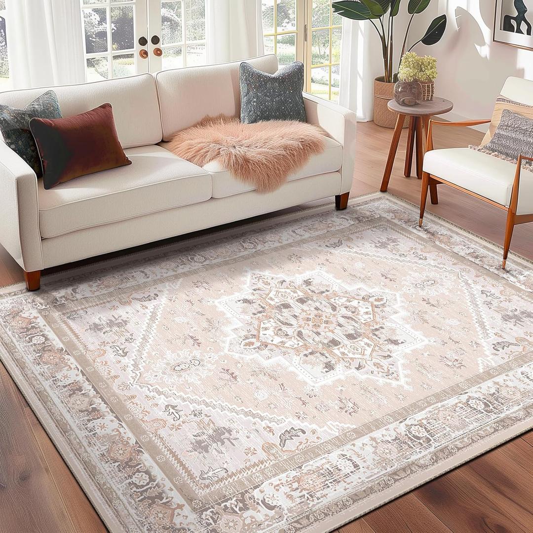 BESTSWEETIE 6x9 Area Rugs for Living Room Washable Non Slip Carpet Low Pile Soft Vintage Print Pattern Rug for Bedroom Dining Room Kitchen Entryway Indoor-Light Pink (Light Coral Pink/Orange/Brown)