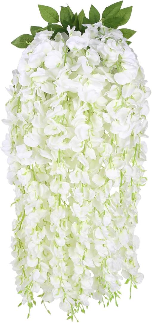 IPOPU White Wisteria Hanging Flowers,3 Strands Artificial Silk Wisteria Vines Fake Flower Garland for Wedding Arch Party Garden Wall Ceiling Backdrop Home Decor(White)