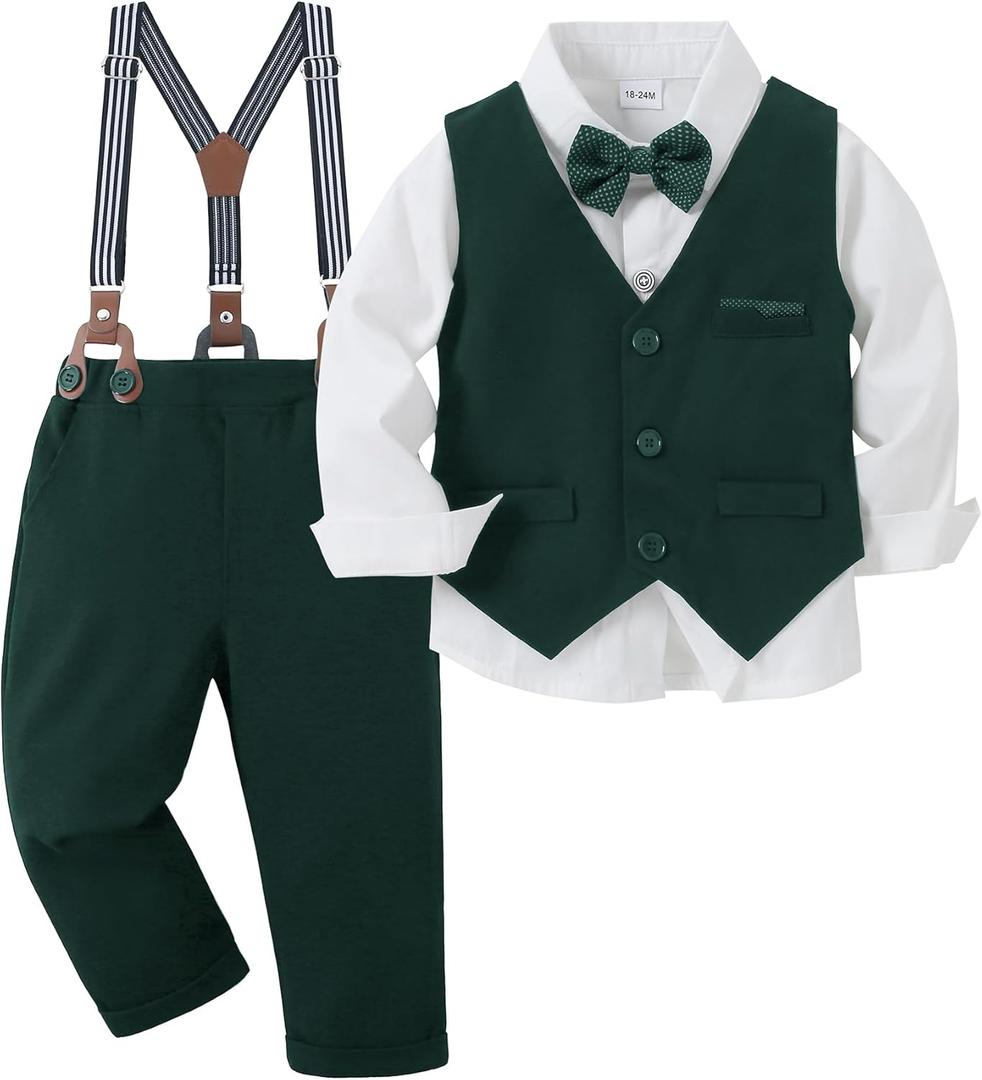 nilikastta Green Dress Clothes for Boys Boys Formal Suit Formal Dress Shirt/Bowtie/Vest/Suspender Pants Suspenders for Birthday Party 7-8 Years