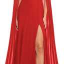 MAYFASEY Women's Elegant Long Sleeve Halter Neck Sexy Split Cocktail Evening Party A Line Maxi Long Formal Dress with Cape (Red, S)
