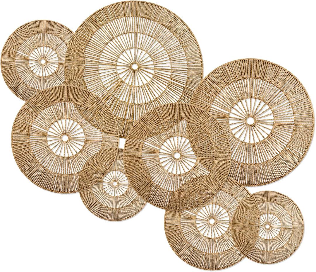 YIYA Set of 8 Boho Wall Decoration Jute Wall Decor Baskets Round Hand Woven Wicker Rattan Wall Art for Living Room Farmhouse Bedroom Nursery, 7.9 x 9.8 x 13.8 x 15.8 x 19.7 x 21.7 inches