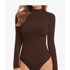 MANGOPOP Long Sleeve Double Lined Bodysuit for Women Mock Turtle Neck Body Suit Tops, M