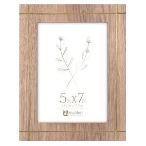 Malden International Designs 5x7 Natural Pine Wood with Gold Stripe Inlay Picture Frame