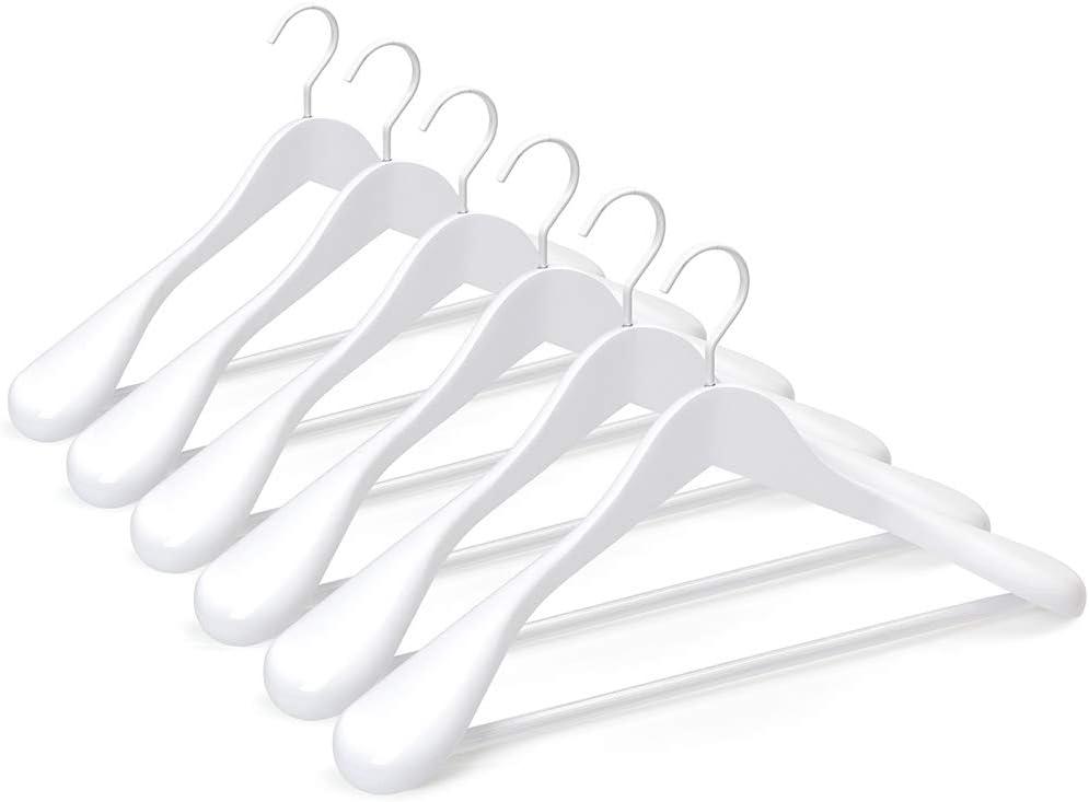 TOPIA HANGER White Wooden Coat Hanger 6 Pack, Wood Suit Hangers,Glossy Finish with Extra-Wide Shoulder, Thicker White Hooks & Anti-Slip Bar,Suitable for Coat, Suit,Dress,Jacket,Heavy Cloth - CT02W