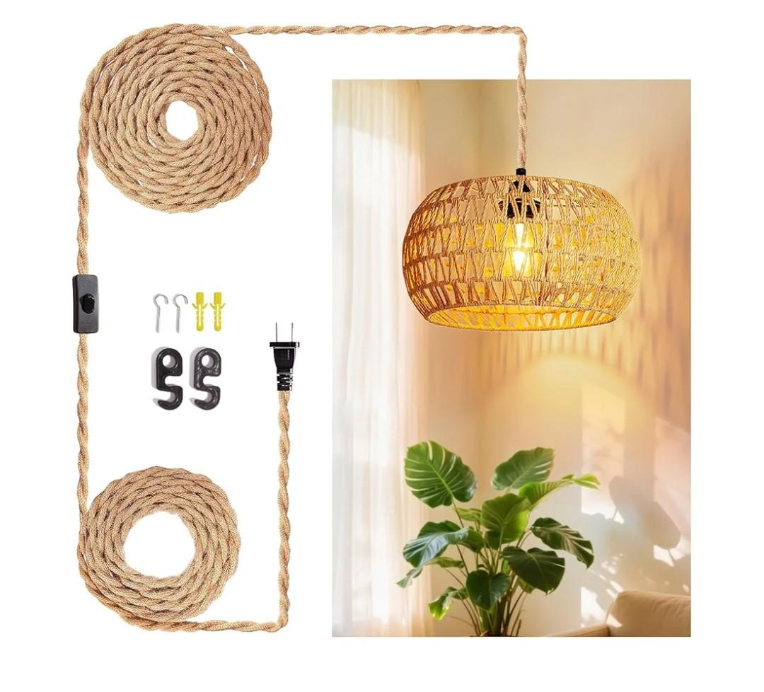 Hanging Lamps Rattan Pendant Light Hanging Lights 16.4ft Plug in Cord Pendant Light Fixture Plug Into Wall Outlet Pendant Lighting with On Off Switch for Bedroom Living