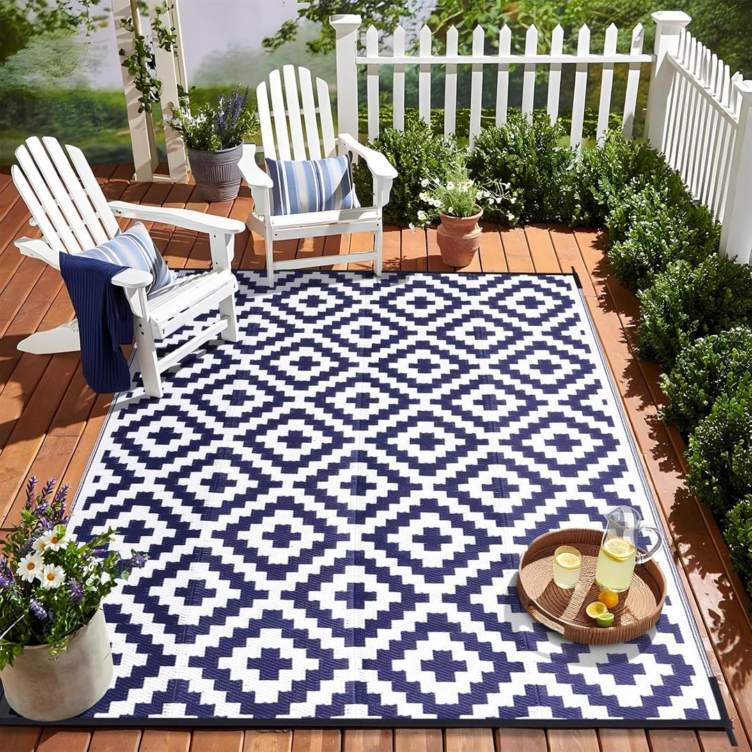OLANLY Waterproof Outdoor Rug 6x9 ft, Outdoor Plastic Straw Rug for Camping, RV Mat Outside, Indoor Outdoor Carpet for Porch, Deck, Backyard, Balcony, Picnic, Navy & White (6' x 9', Navy Blue & White)