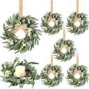 Knitgrip 6 Pcs 9'' Mini Eucalyptus Wreath Small Spring Summer Kitchen Cabinet Wreaths with Linen Bow Ribbon Hanging Farmhouse Wreaths Artificial Greenery Wreath for Front Door Porch Wall Window