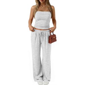 Trendy Queen 2 Piece Vacation Outfits for Women Summer Travel Outfits 2026 Spring Fashion Tube Tops Wide Leg Pants (Gray, S)