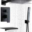 Matte Black Shower Faucet Set with Tub Spout 8 Inch, | with 2 Hooks, Tub and Shower Faucet Combo, Rain Shower and Handheld Shower System Square Wall Mount for Bathroom