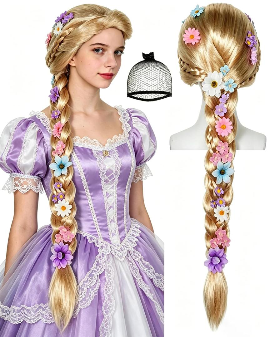 Wig Cap + Long Blonde Braided Wigs with Flowers for Cosplay 80cm/32Inch Fairytale Ball Blonde Princess Wigs Fairy Tale Long Braids Costume Wig for Halloween Party Christmas Birthday Outfit