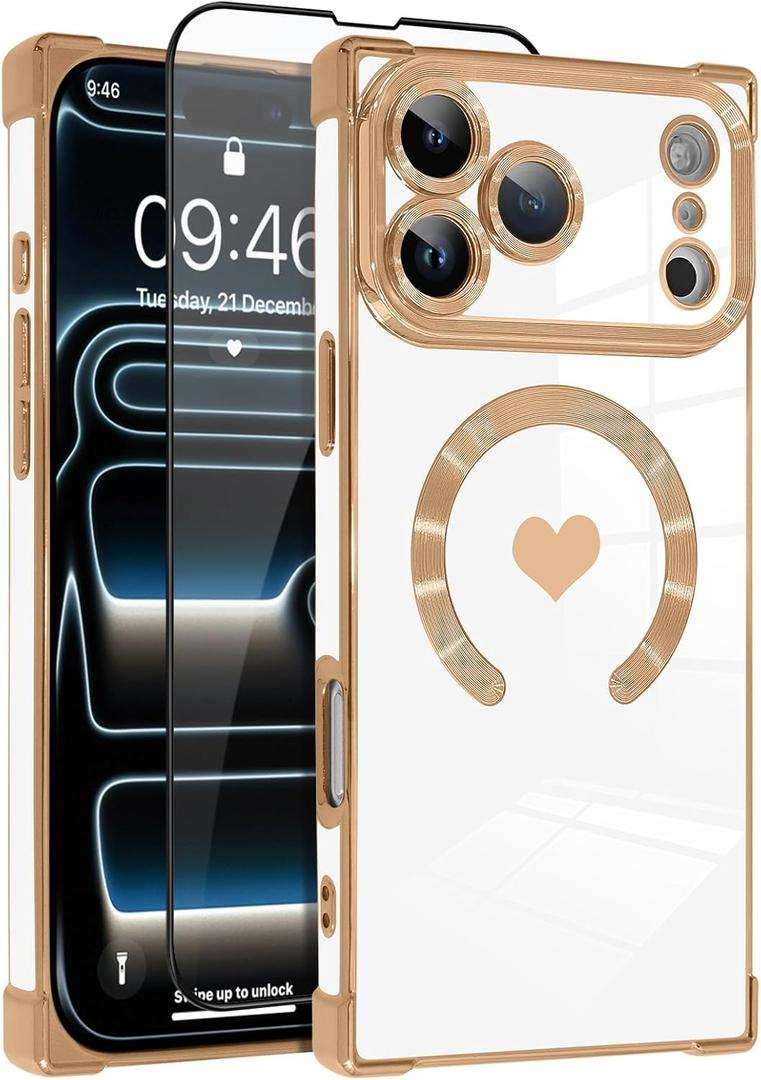 OOK Magnetic Case for iPhone 17 Pro Max 6.9 Inch [Wireless Charging Compatible] Soft TPU Heart Design Phone Cover with Screen Protector Shockproof Protection Slim Case for Women - White (White (NO Strap))