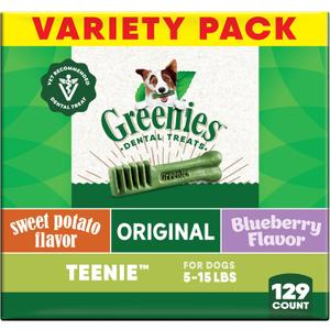 Greenies Teenie Dental Dog Treats 3-Flavor Variety Pack, (3) 12 oz. Pouches, 129 Total Treats (EXP 10/01/26)