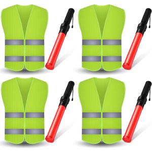 Kanayu 8 Pcs 16 Inch Signal Traffic Wand High Visibility Safety Vest Set Include 4 Reflective Safety Vest 4 Traffic Control Light Security Wands for Airport Parking(Neon Green)