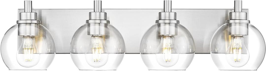 Bathroom Light Fixtures, 4 Light Brushed Nickel Vanity Light, 26 Inch Modern Wall Sconces with Globe Clear Glass Shade, Vanity Lighting Fixtures Over Mirror, VL195-BN-CL-4