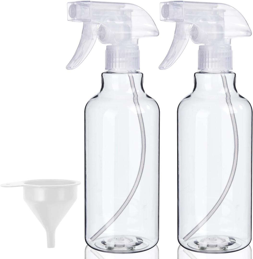 Plastic Spray Bottles, 2-Pack, 16.9 Oz, Mist & Stream, Heavy Duty Spraying, Empty Water Spray Bottle for Cleaning Solutions, Essential Oils, Hair, Plants, BBQ, Cat Dog Behavior Correction (Clear)