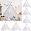 6 PCS White Kids Teepee Play Tent, Foldable Washable Tipi Tent Kids Boho Tent, Playhouse for Girls Boys Sleepovers Party Birthday Party Slumber Party for Indoor Outdoor Games