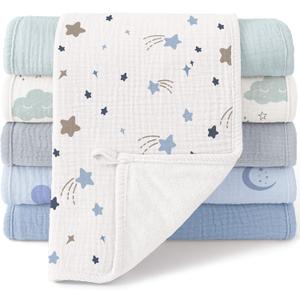 Bearmoss Muslin Burp Cloths, 100% Cotton Baby Burping Clothes, Large Extra Soft Absorbent for Unisex Newborn Boy and Girl, 20x10in, 6 Pack, Blue Print