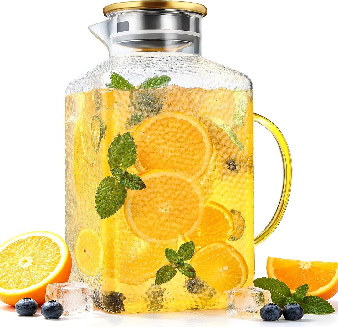 1 Gallon Thickened Glass Pitcher with Lid and Spout, Square Borosilicate Glass Carafe with Handle for Fridge, Extra Large Water Jug for Hot/Cold Drink, Iced Tea, Coffee, Juice, Beverage (Gold)