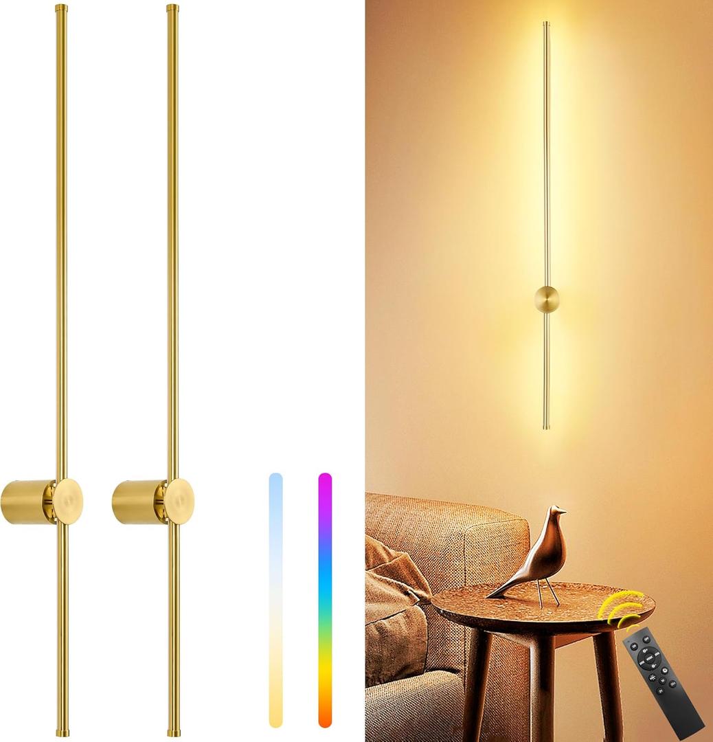 39.4 Inch Battery Operated Wall Sconces Set of Two, 12000mAh Rechargeable Wall Sconce with Remote Control, Dimmable LED Wireless Wall Lights for Bedroom, Living Room, 15 Colors, 180 Rotate, Gold