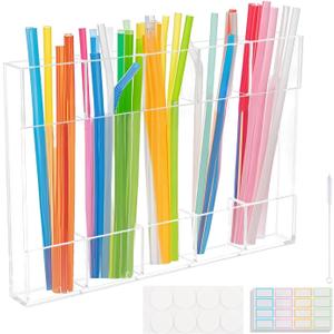 Straw Holder for Cabinet Door,9.6'' Large Acrylic Straws Organizer Storage Dispenser,Kitchen Accessories Container,with 8pcs Double-sided Tape,10 Sheet Note Paper,1pc Brush(Clear)