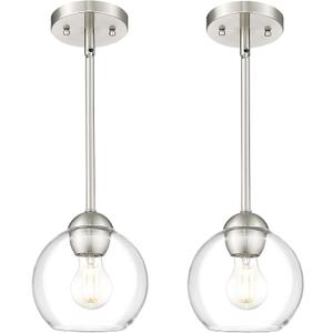Emak 2 Pack Brushed Nickel Pendant Light Fixtures, 7 Inch Globe Pendant Lights with Clear Glass Shade, 1-Light Hanging Lights for Kitchen Island, Bathroom, Dining Room, PL119-BN-2PK